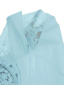 SHEIN Privé 女士單身派對夏季簡約優雅白色蕾絲空心腰帽袖婚禮裙 - 淺藍色 - 查看 9