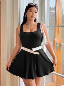 SHEIN EZwear Plus Size Women's Sleeveless Romper, Solid Color Pockets,One Piece Outfit - Black - View 7