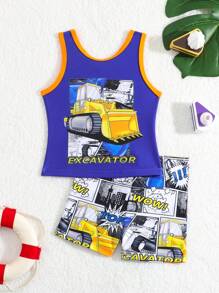 Baby Boy Excavator Letter Print Ringer Tank Top And Shorts Swimsuit - Blue - View 1