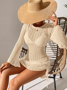 Breezaya Đầm che phủ vải xếp có dây rút xuyên thấu màu trơn thời trang có tay chuông, đi biển mùa hè - Màu be - Xem 4