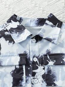SHEIN Young Boy Street-Style Printed Collar Short Sleeve Workwear Pocket Shirt