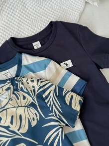 6pcs Young Boy Casual Striped & Leaf Print Short Sleeve T-Shirt With Elastic Waist Shorts, Holiday Outfits