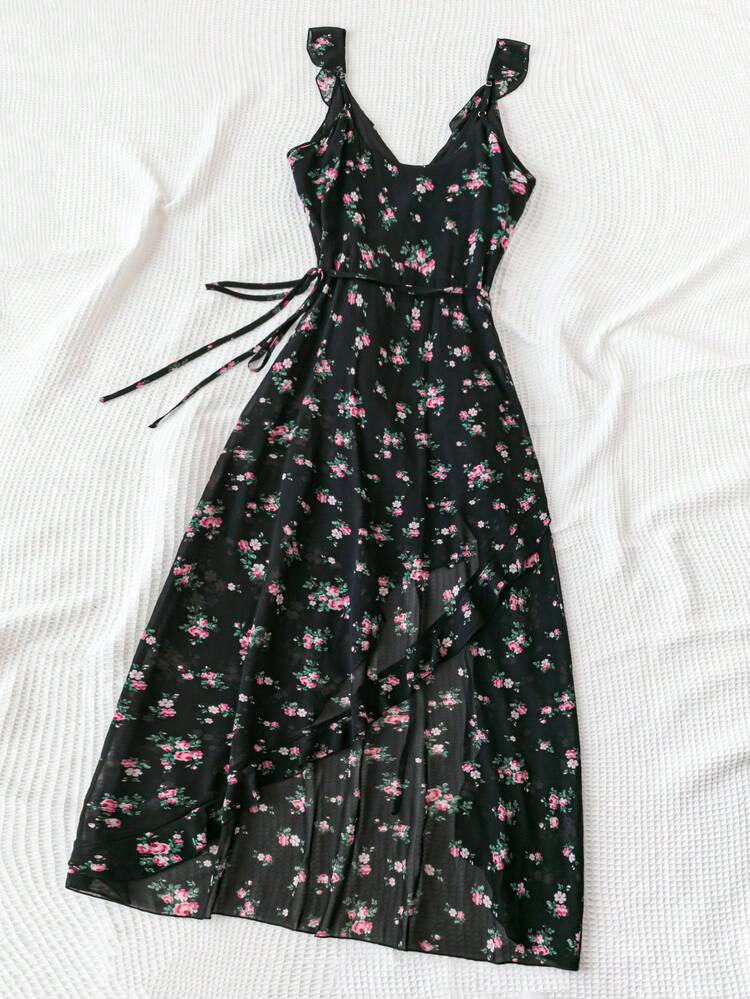 Women's Floral Printed Vacation Dress With Ruffled Hemline, V-Neckline And High Slit