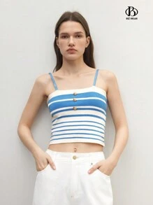 SHEIN BIZwear Women's Slim Fit Striped Knit Buttoned Camisole Top With Stretch - Multicolor - View 5