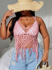 Summer Beach Plus Size Hollow Out Knitted Fringe Hem Tie Back Halter Cover-Up Top, Perfect For Beach Vacation - Pink - View 3