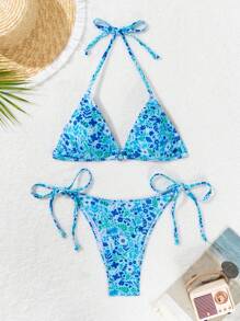 SHEIN Swim 女士小花點領口綁帶性感比基尼套裝，適用於假期，圖案隨機 - 彩色 - 查看 5