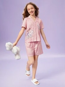 2 件套 Tween 女童粉色简约可爱印花短袖开衫和短裤家居服 - 彩色 - 查看 3