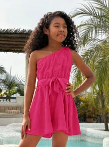 SHEIN Tween Girls Casual Solid Color Knitted Asymmetrical Shoulder Romper