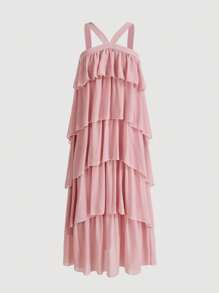 SHEIN Privé Women's Dusty Pink Summer Elegant Tea Party Halter Ruffle Hem Cake Dress,American Style Solid Color Hanging Neck Long Chiffon Dress For Wedding, - Dusty Pink - View 1