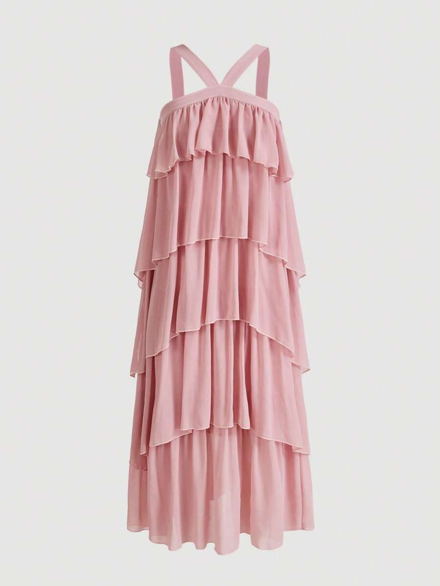 SHEIN Privé Women's Dusty Pink Summer Elegant Tea Party Halter Ruffle Hem Cake Dress,American Style Solid Color Hanging Neck Long Chiffon Dress For Wedding, - Dusty Pink - View 1