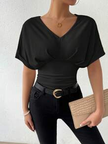 Chiquease Solid Color V-Neck Batwing Sleeve Pleated Bodysuit, Summer - Black - View 3
