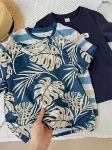 6pcs Young Boy Casual Striped & Leaf Print Short Sleeve T-Shirt With Elastic Waist Shorts, Holiday Outfits