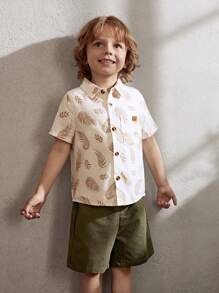 Cozy Pixies Young Boy Daily Comfortable Casual Set, Leaf Pattern Lapel Short Sleeve Shirt And Solid Color Shorts