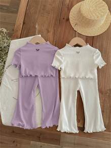 SHEIN LMoss Kids LMoss Baby Girl Baby Girl Casual Knit Hollow Out Heart Pattern Short Sleeve Top Bell Bottoms Pants 4pcs/Set - Purple - View 1