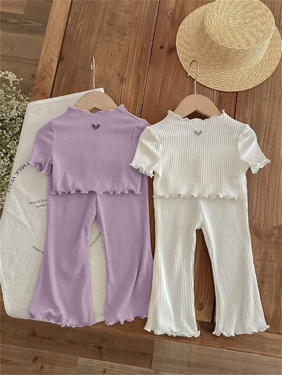 SHEIN LMoss Kids LMoss Baby Girl Baby Girl Casual Knit Hollow Out Heart Pattern Short Sleeve Top Bell Bottoms Pants 4pcs/Set - Purple - View 1