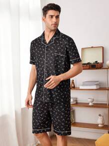 Men's Star Printed Single Breasted Short-Sleeved Top And Plaid Shorts Casual Home Suit Set