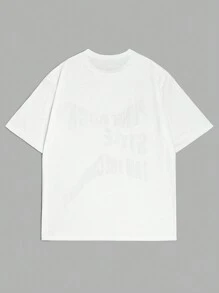 SHEIN EZwear 街頭風格女士加大尺碼短袖T卹，模糊字母印花 - 白色 - 查看 2