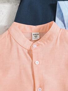 SHEIN LMoss Kids 3pcs/Set Young Boy Casual College Style Solid Color Stand Collar Linen Short Sleeve Shirt, Spring/Summer Plain Shirt For Kidskids Summer Tops