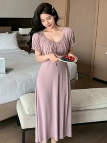 DAZY Women's Japanese-Style Drawstring Nightgown With Large Collar And Wood-Ear Edges