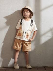 Cozy Pixies 男童貨運風格帶口袋圓領短袖上衣 - 杏色 - 查看 5