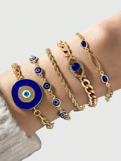 5pcs/Set Fashionable Oil Drop Evil Eye & Rhinestone Decorated Bracelets For Women, Party Gifts (Slightly Different Colors Due To Manual Oil Dropping Process)