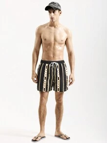 Surfspeed Men Drawstring Waist Chain Print Casual Loose Beach Shorts - Black - View 4