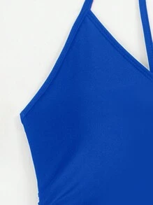 SHEIN Swim 夏季海灘女士純色打褶無背性感一件式泳衣，細肩帶款式 - 藍色 - 查看 5