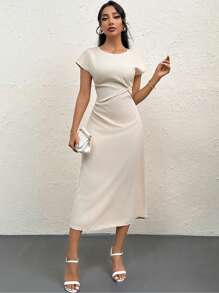 Firerie Đầm Midi Bodycon xoắn ngắn tay thanh lịch, thoải mái, thích hợp đi làm - Màu be - Xem 5