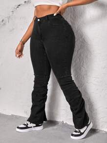 SHEIN SXY 大尺碼休閒褶皺設計修身分割搭扣牛仔褲 - 黑色 - 查看 3