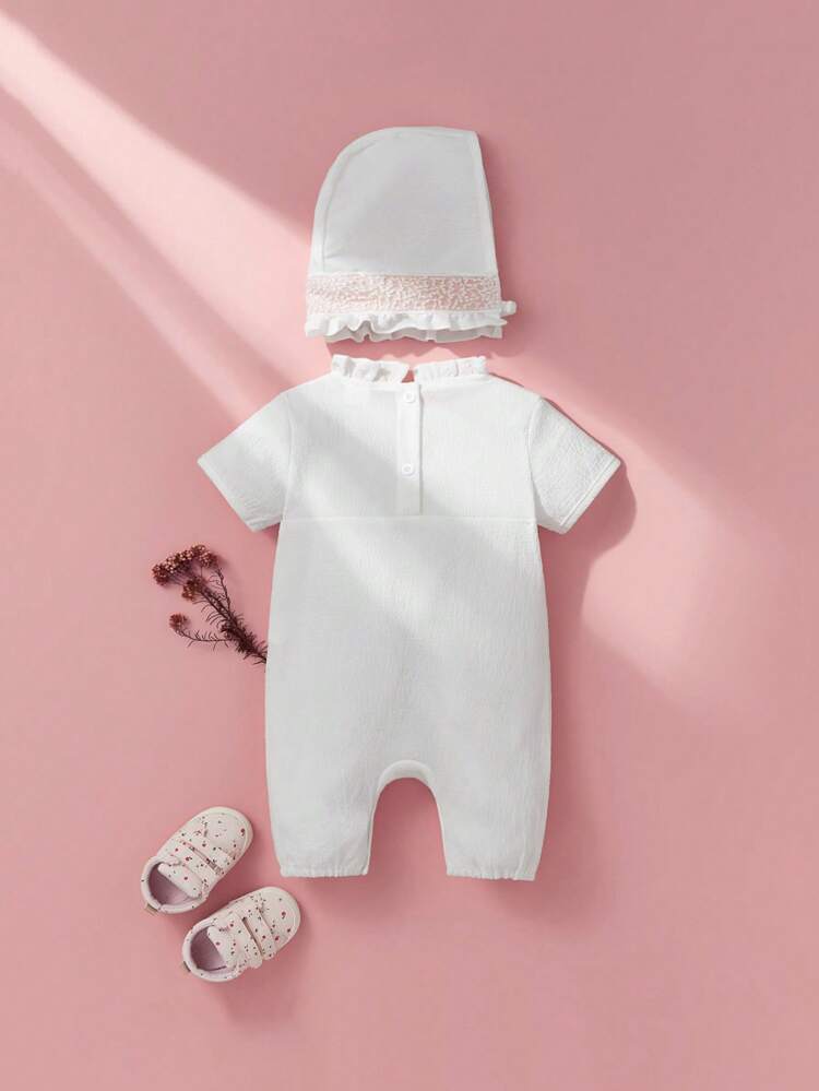 Baby Girls' Cute Lace Trim Short Sleeve Romper Set For Summer
