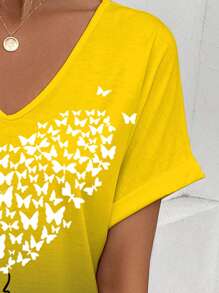SHEIN LUNE Camiseta casual de manga corta con cuello en V para mujer, con estampado de mariposas para verano