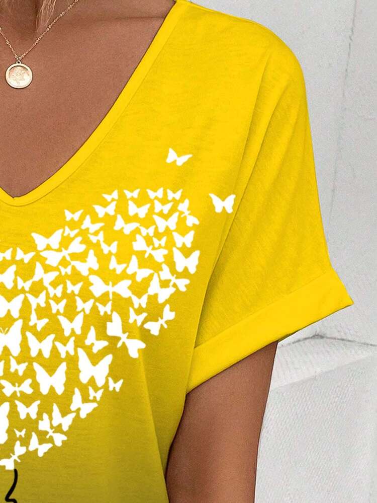 Women's Summer Butterfly Printed V-Neck Short Sleeve Casual T-Shirt