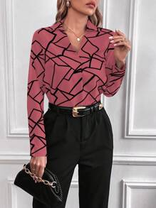 SHEIN Clasi Women's Geometric Pattern Long Sleeve Blouse - Dusty Pink - View 6