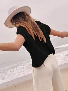 SoleilVie Women's Summer Solid Color Batwing Sleeve Loose Knitted Top With Round Neckline - Black - View 2