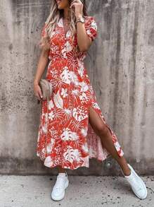 SHEIN LUNE Vestido feminino com mangas bufantes, decote V com botões, estampa floral na parte da frente, fendas nas laterais e comprimento midi, ideal para usar em férias. - Multicolorido - Visão 4