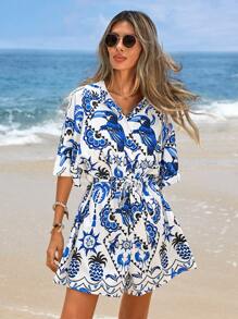 SHEIN VCAY Summer Women's Loose Floral Jumpsuit With Shirt Collar, Perfect For Casual & Holiday - Blue and White - View 3