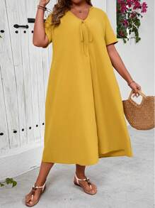 SHEIN VCAY Plus Size Holiday Leisure Yellow Cotton Dress With Pockets - Yellow - View 4