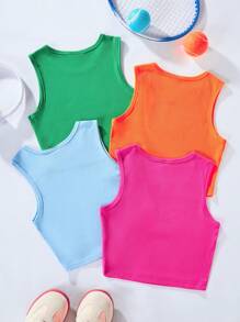 SHEIN 4pcs Tween Girl Spring/Summer Casual Solid Round Neck Ribbed Tank Top Summer Holiday - Multicolor - View 2