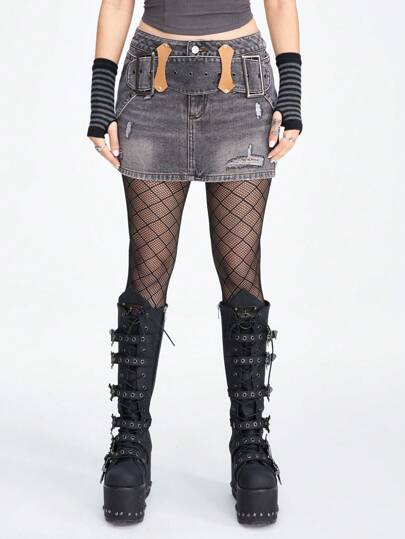 Grunge Punk تنورة جينز مستقيمة مهترئة للمرأة الصيفية