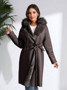 Women's Fashion Jacket With Pockets And Belt - An Ideal Choice For Autumn/Winter Season - Coffee Brown - View 4