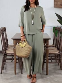 EMERY ROSE 2pcs/Set Women Solid Color Elegant Round Neck Elbow Sleeve Green Wide Leg Pants