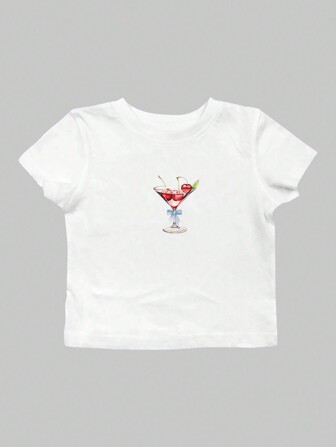 Kawaii Y2k Cherry Cocktail Printed Women's Crop Tight T-Shirt With Cotton, Slim Waist