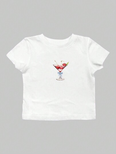 Kawaii Y2k Cherry Cocktail Printed Women's Crop Tight T-Shirt With Cotton, Slim Waist