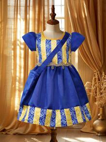 SHEIN Baby Girl Color Block Elastic Waist Fashionable Dress For Summer - Blue - View 1