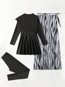 Swim Mulvari Women's Burkini Set With Ruffle Front And Striped Cover Up Skirt, 3 Pieces, Wireless, Random Print, Copyright Purchased, Black, Summer Beach Arabic Clothing