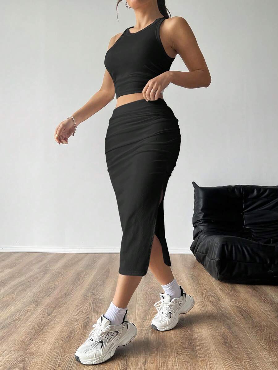 SHEIN EZwear 女士純色極簡風日常夏季坦克背心和側開叉包身裙2件套裝 - 黑色 - 查看 1