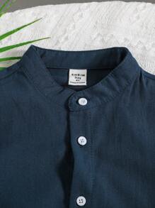 SHEIN LMoss Kids 3pcs/Set Young Boy Casual College Style Solid Color Stand Collar Linen Short Sleeve Shirt, Spring/Summer Plain Shirt For Kidskids Summer Tops