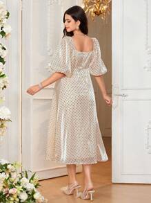 SHEIN Đầm bà bầu cổ vuông thanh lịch & trẻ trung dài tay ôm sát bà bầu cho ngày lễ - Màu be - Xem 2