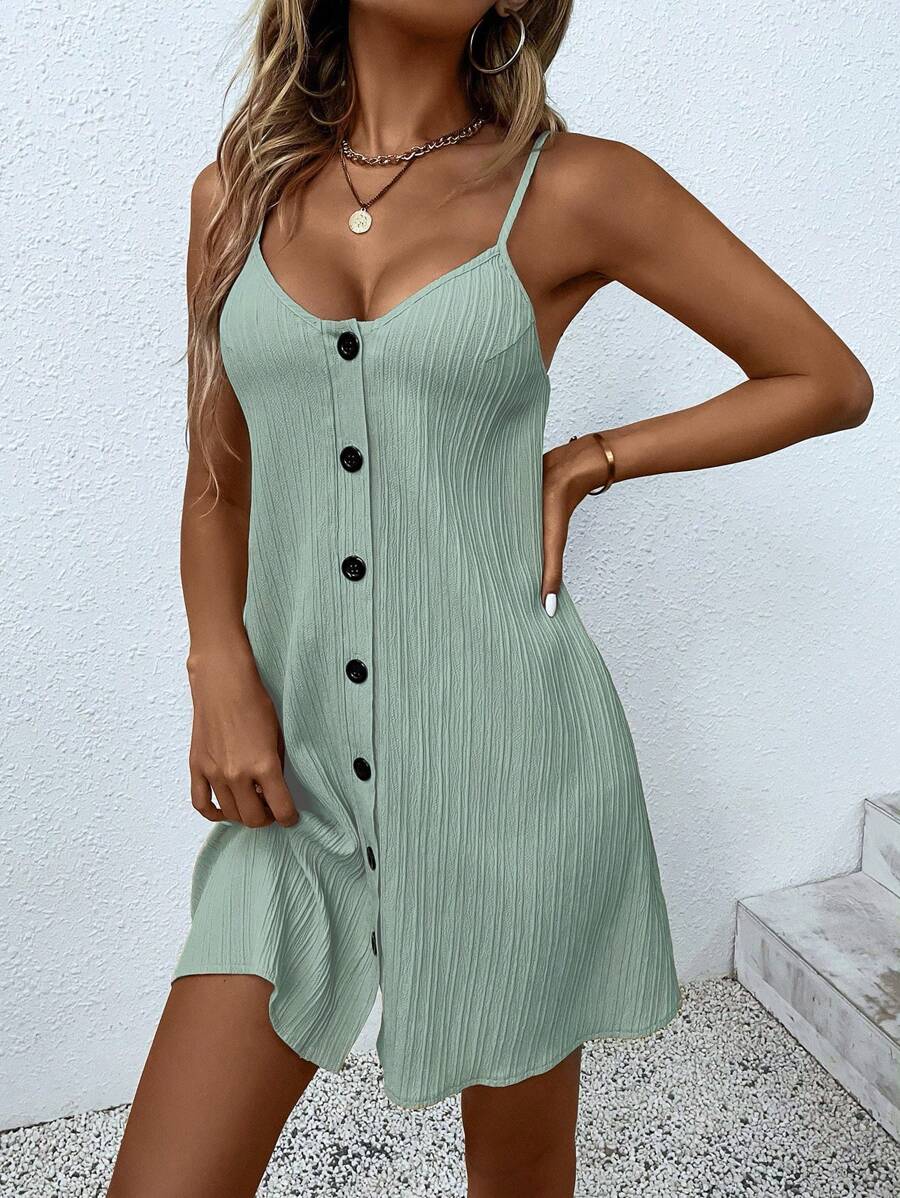 SHEIN LUNE Đầm Cami Cài Nút Phía Trước Màu Trơn Phong Cách Nghỉ Mát Cho Những Dịp Thường Ngày Đầm Cài Nút - Màu xanh Bạc hà - Xem 1