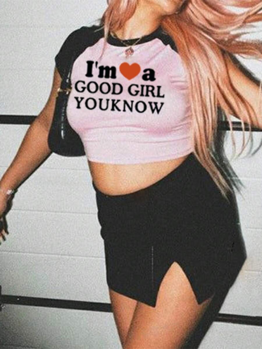 Lunelith SHEIN Lunessa Contrast Color Printed Short Sleeve T-Shirt With Dropped Shoulders